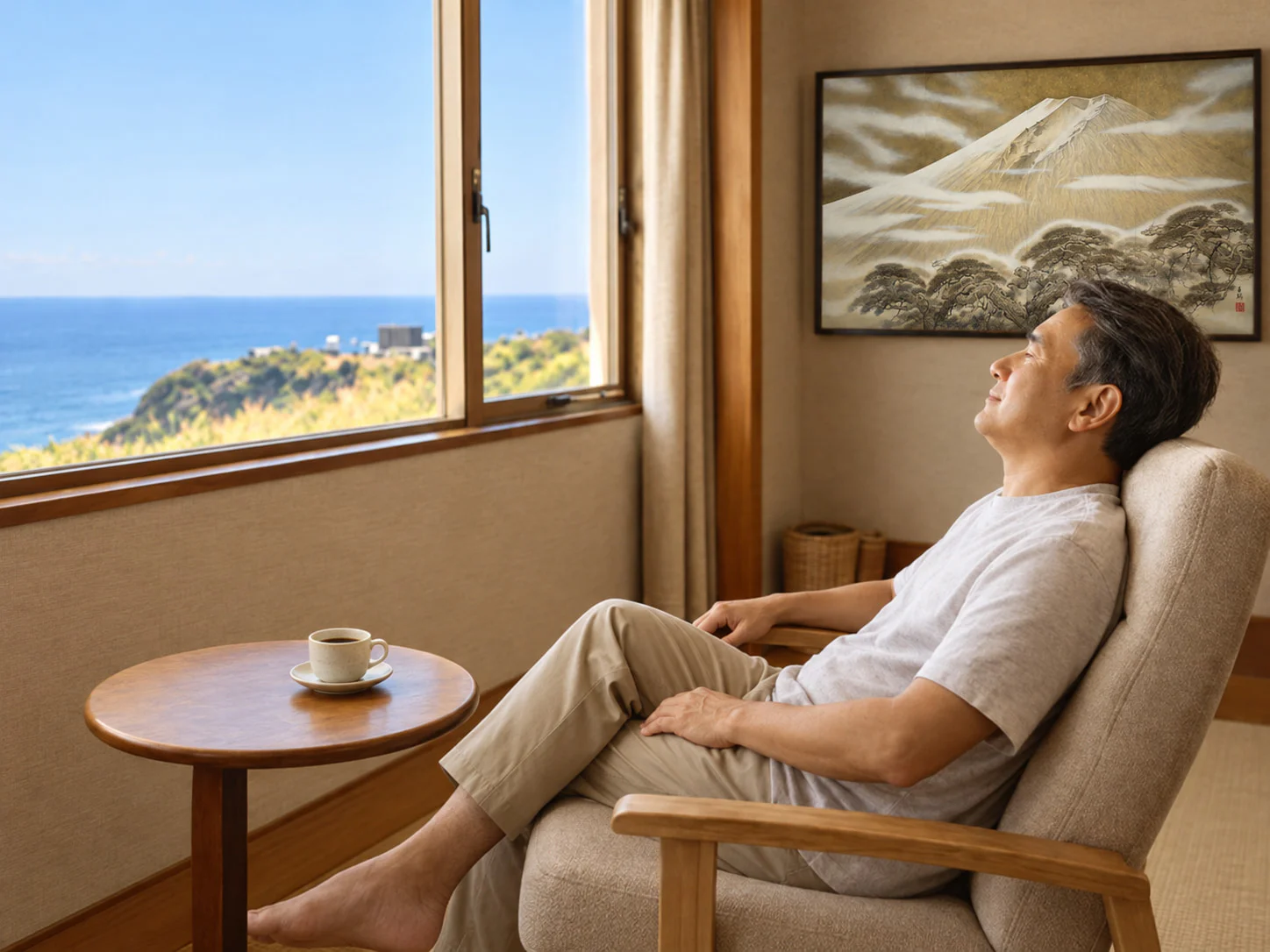海を眺め、コーヒーを片手に過ごす静かな時間
